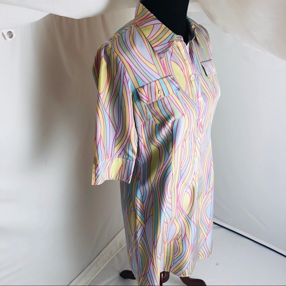 Anthropologie multicolor silk retro pastel patterned shirt dress M - Picture 3 of 11